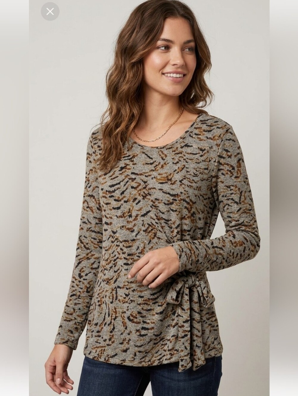 Tru Self Women's Animal Print Long Sleeve Front Tie Knit Top New Size Medium